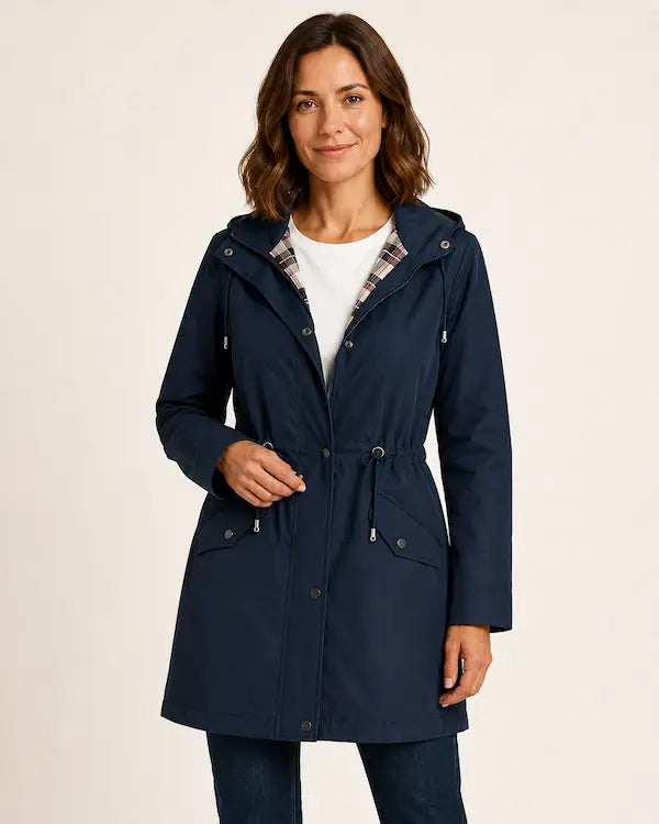 London Drawstring Parka in Navy – front view on model