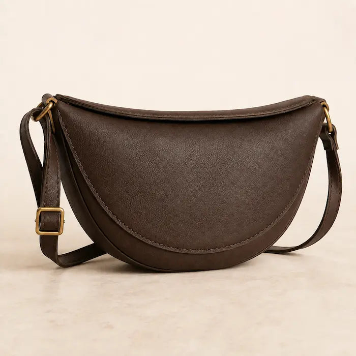 Willa London Crescent Crossbody Bag in Espresso on a warm ivory background