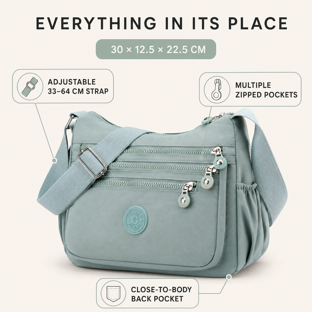 Features infographic showing three zipped front pockets, close-to-body zipped back pocket, elasticated side pockets, silver-tone hardware, adjustable 33 to 64 cm strap and 30 x 12.5 x 22.5 cm dimensions