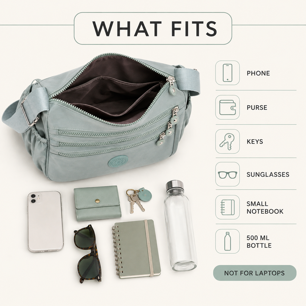 What fits infographic showing phone, purse, keys, sunglasses, earphones, small notebook and 500 ml bottle, with note that laptops do not fit