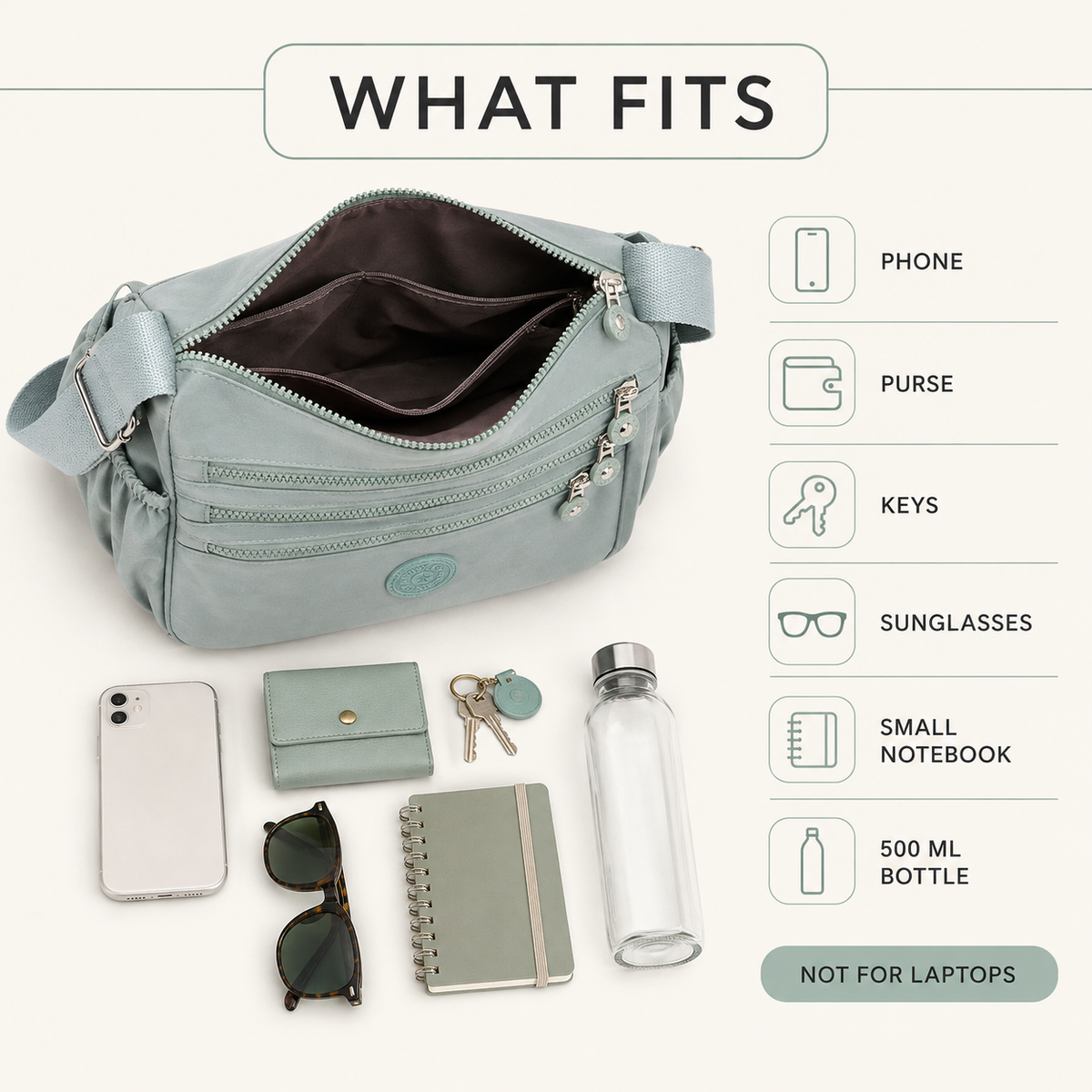 What fits infographic showing phone, purse, keys, sunglasses, earphones, small notebook and 500 ml bottle, with note that laptops do not fit
