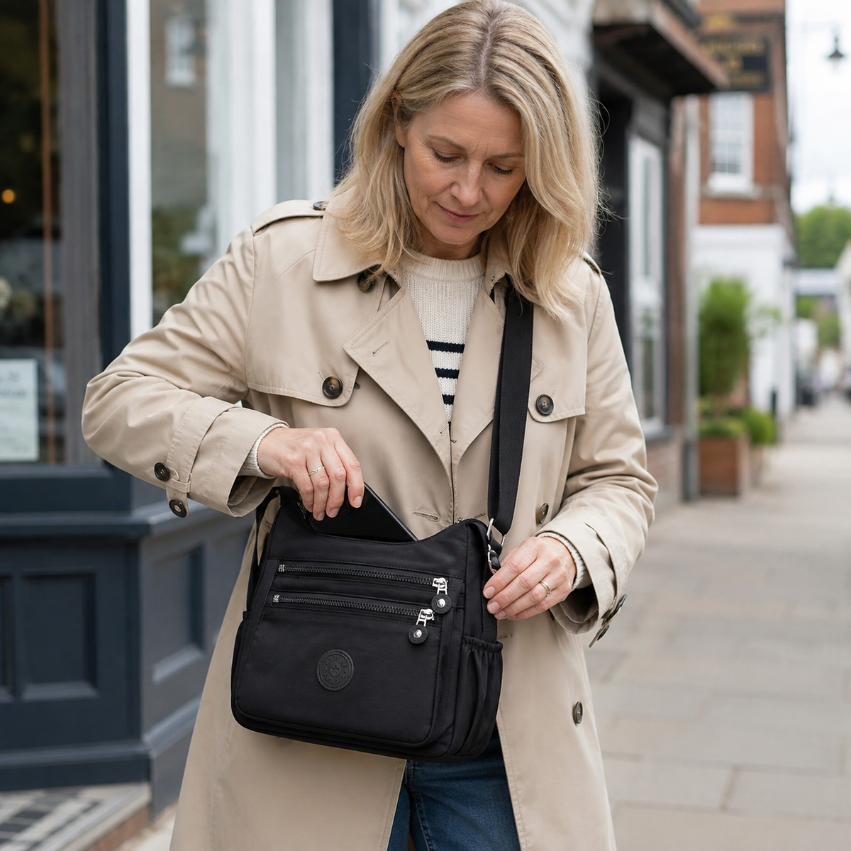 Black Everyday Organiser Crossbody Bag being used on a high-street errand, phone reached from a front zip