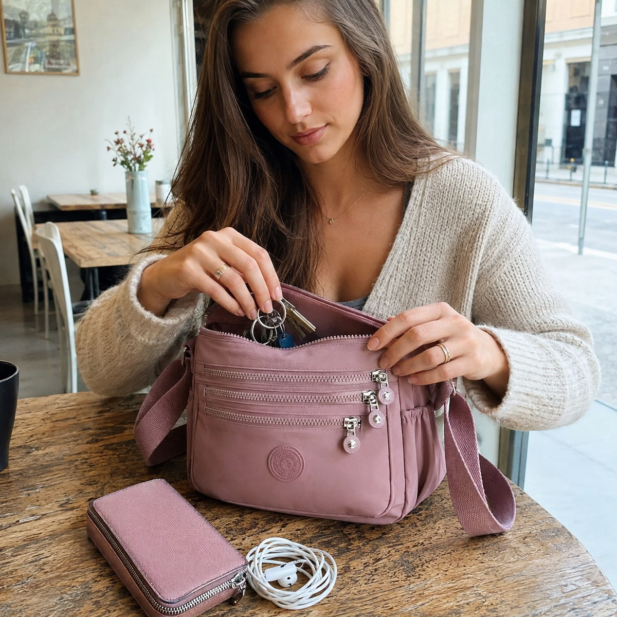 Dusty Pink Everyday Organiser Crossbody Bag opened at a UK cafe table with keys, purse and earphones organised in separate pockets