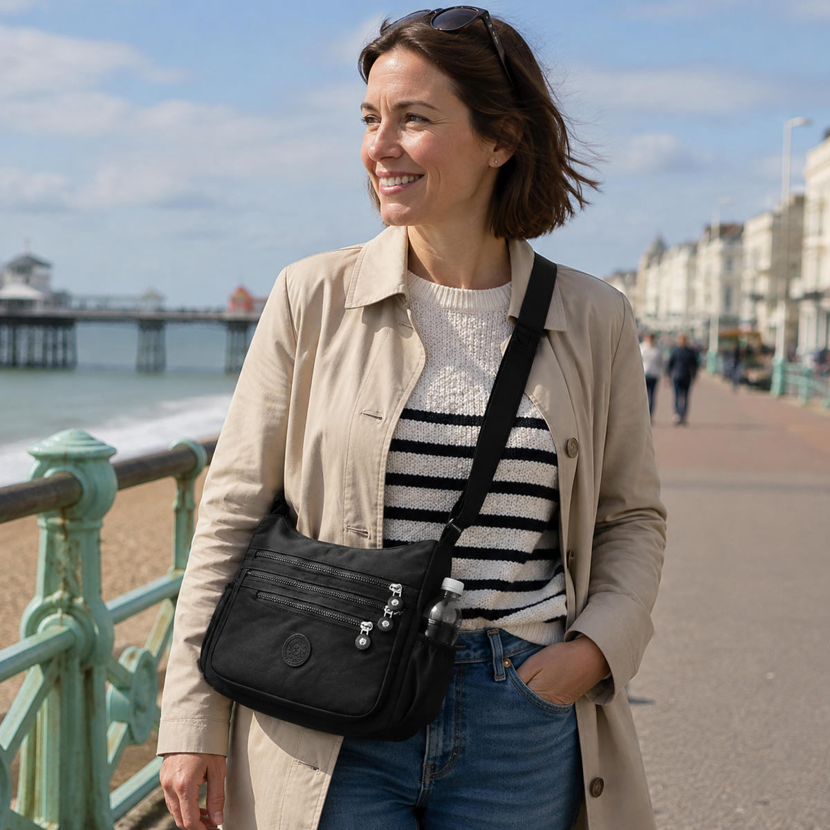 Black Everyday Organiser Crossbody Bag on a Brighton promenade weekend outing, hands-free everyday wear