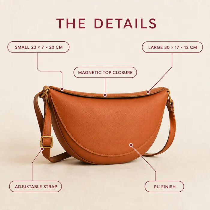 Product details: adjustable strap, magnetic top closure, PU finish and both size measurements