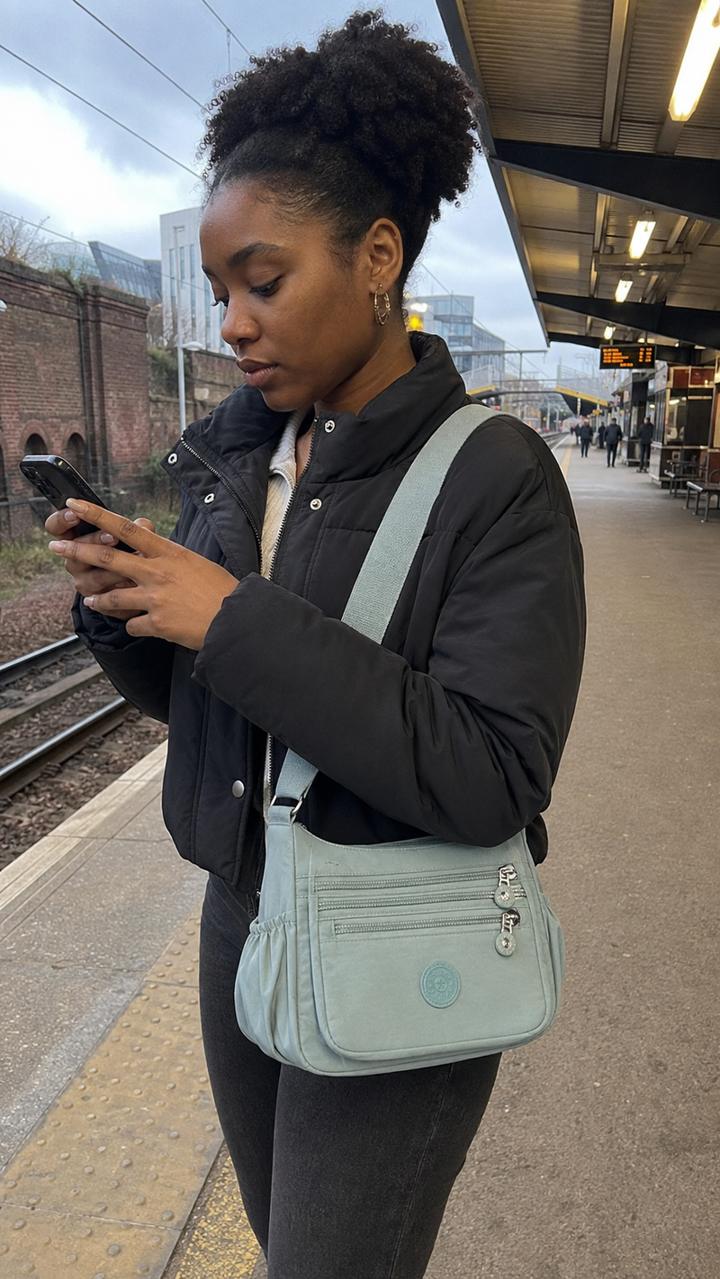 Everyday Organiser Crossbody Bag in Mint Green photographed at a Birmingham rail platform
