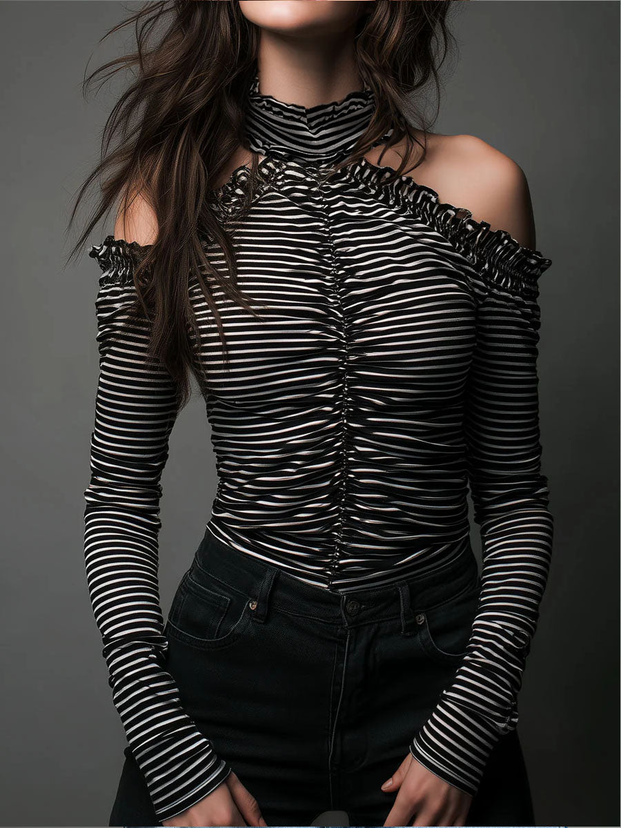 Willa London™ | Striped Elegance Cold-Shoulder Top