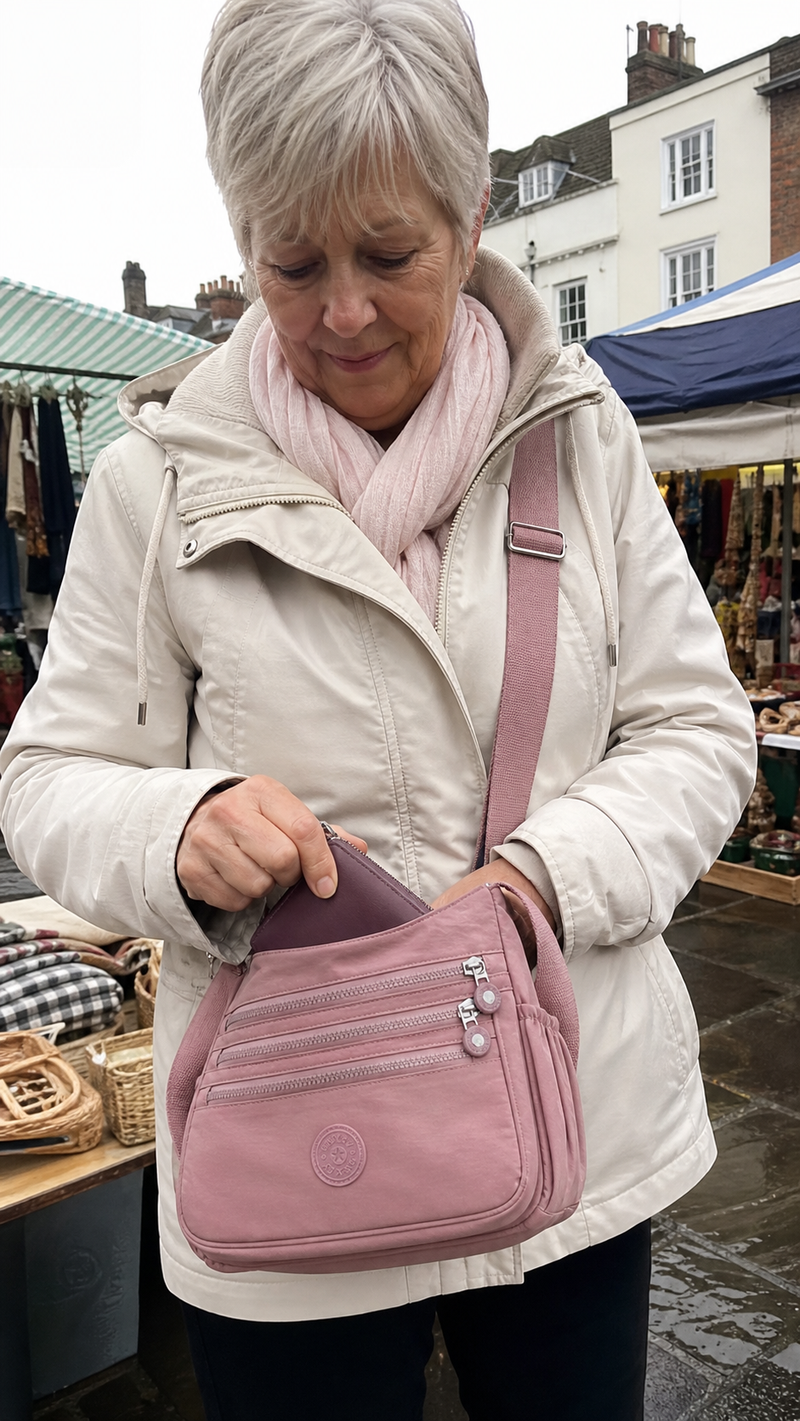 Everyday Organiser Crossbody Bag in Dusty Pink photographed at a York market with a purse being opened