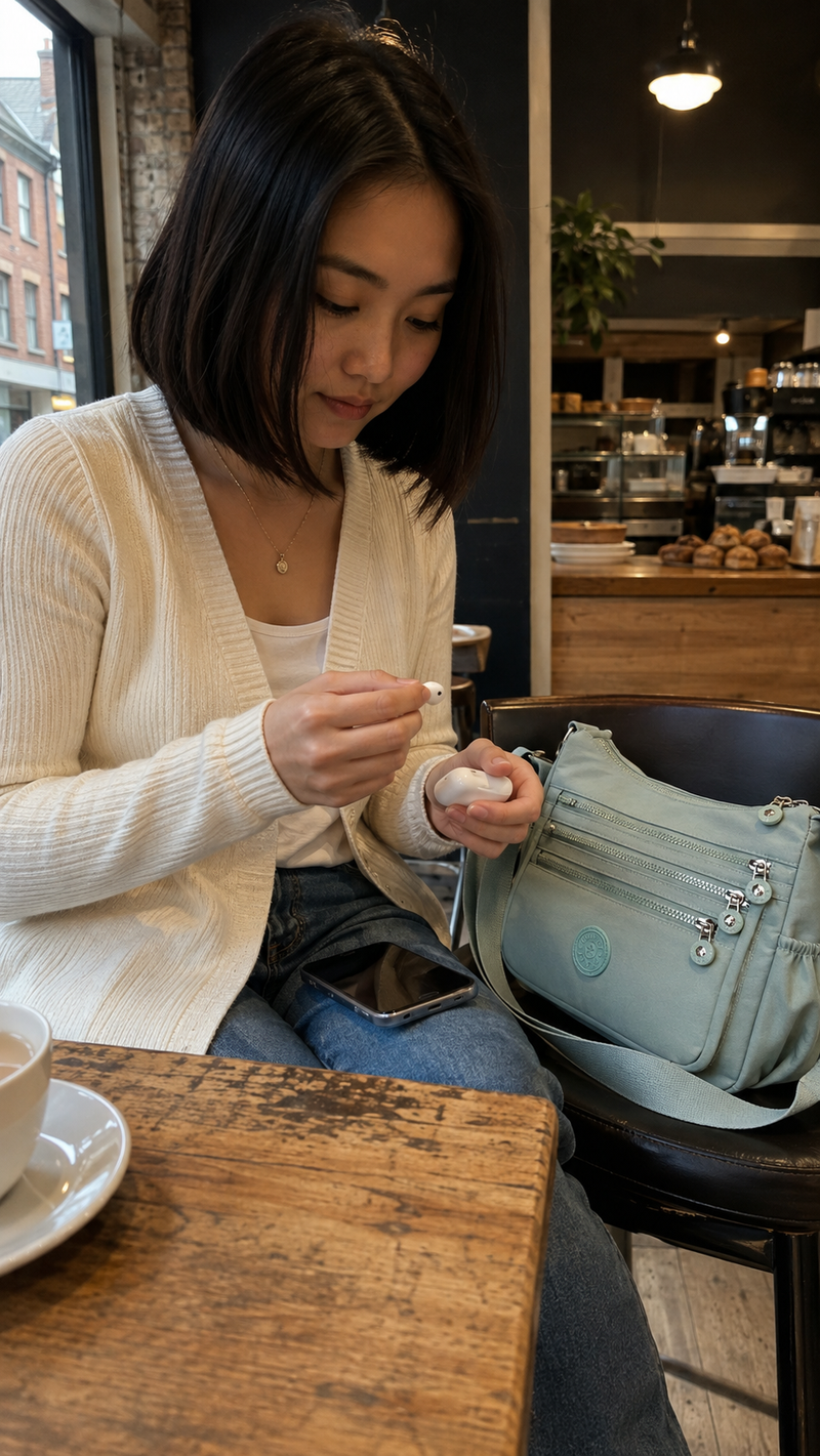 Everyday Organiser Crossbody Bag in Mint Green photographed in a Manchester cafe while earbuds are being organised