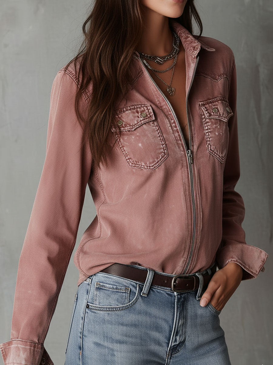Willa London™ | Dusty Rose Denim Zip Shirt