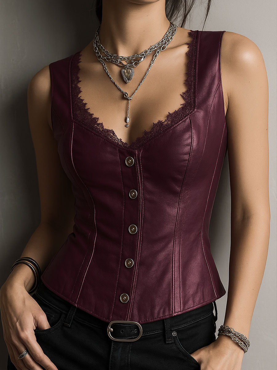 Willa London™ | Lace-Trimmed Leather Corset Waistcoat