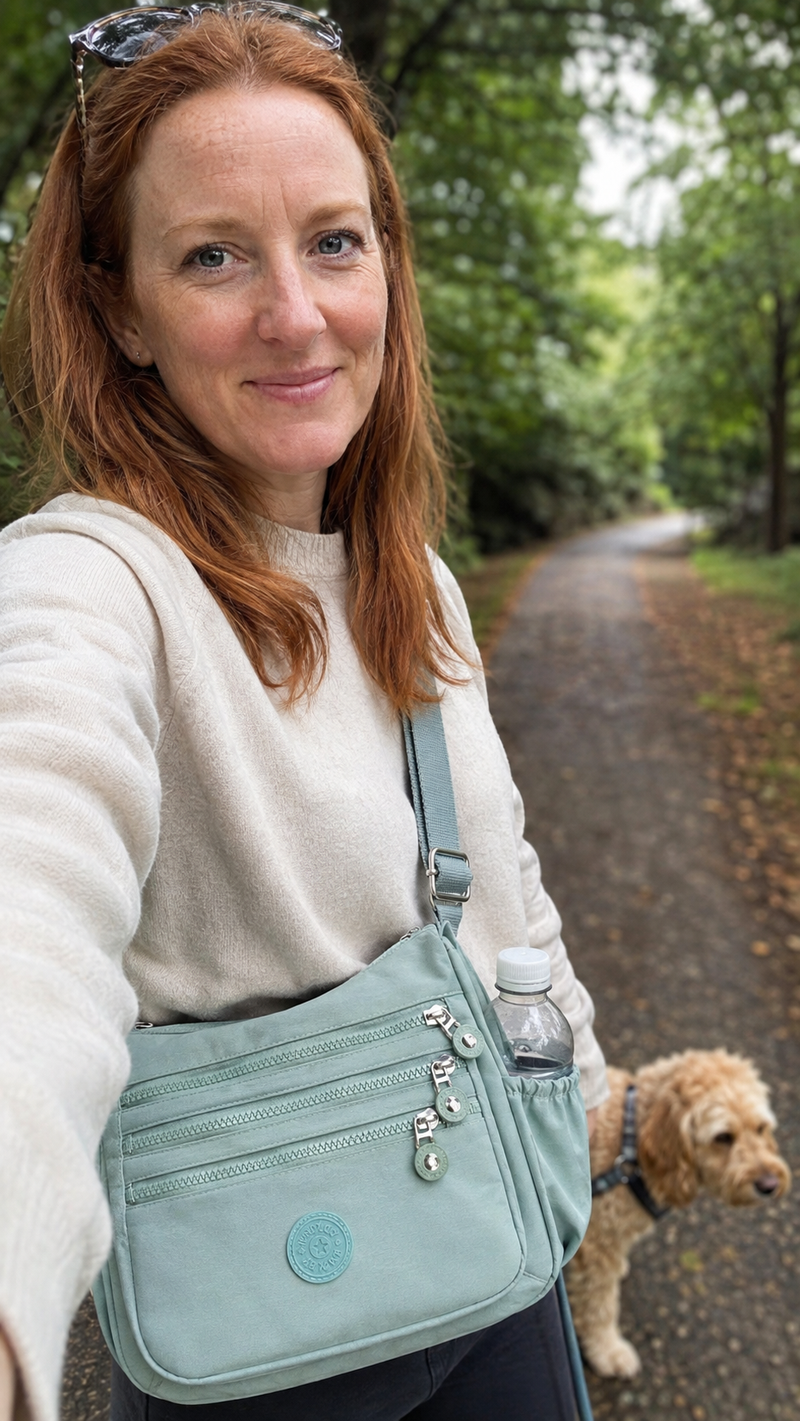 Everyday Organiser Crossbody Bag in Mint Green photographed on a Bristol dog walk