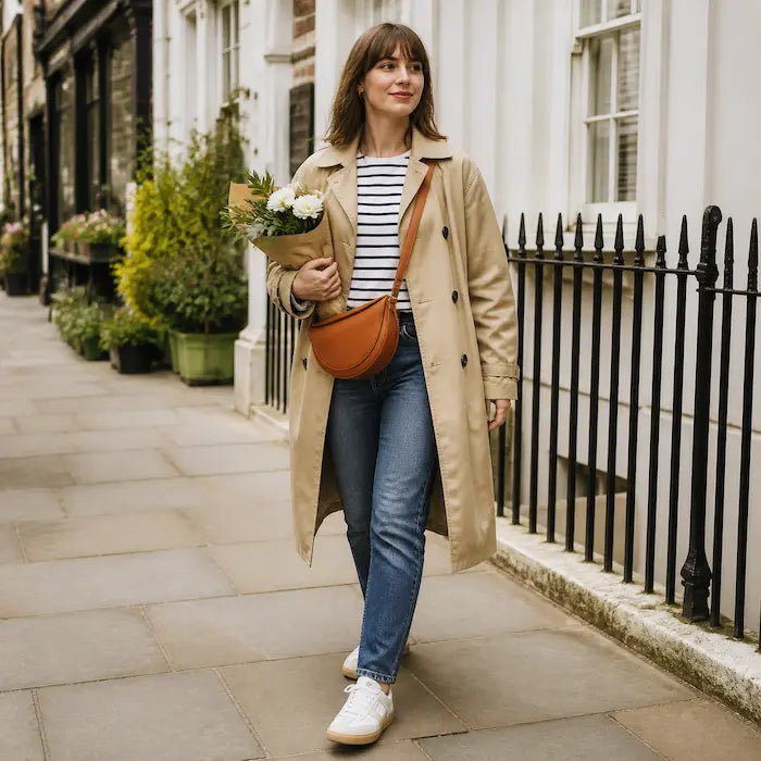 Cognac crescent crossbody bag worn hands-free on a UK high street