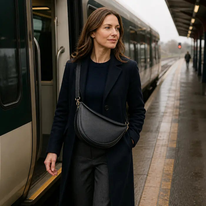 Black crescent crossbody bag worn on a train commute