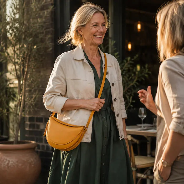 Mustard crescent crossbody bag styled for a casual evening