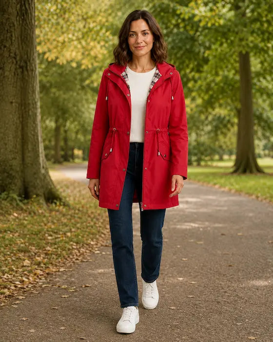 London Drawstring Parka Red – park walk lifestyle