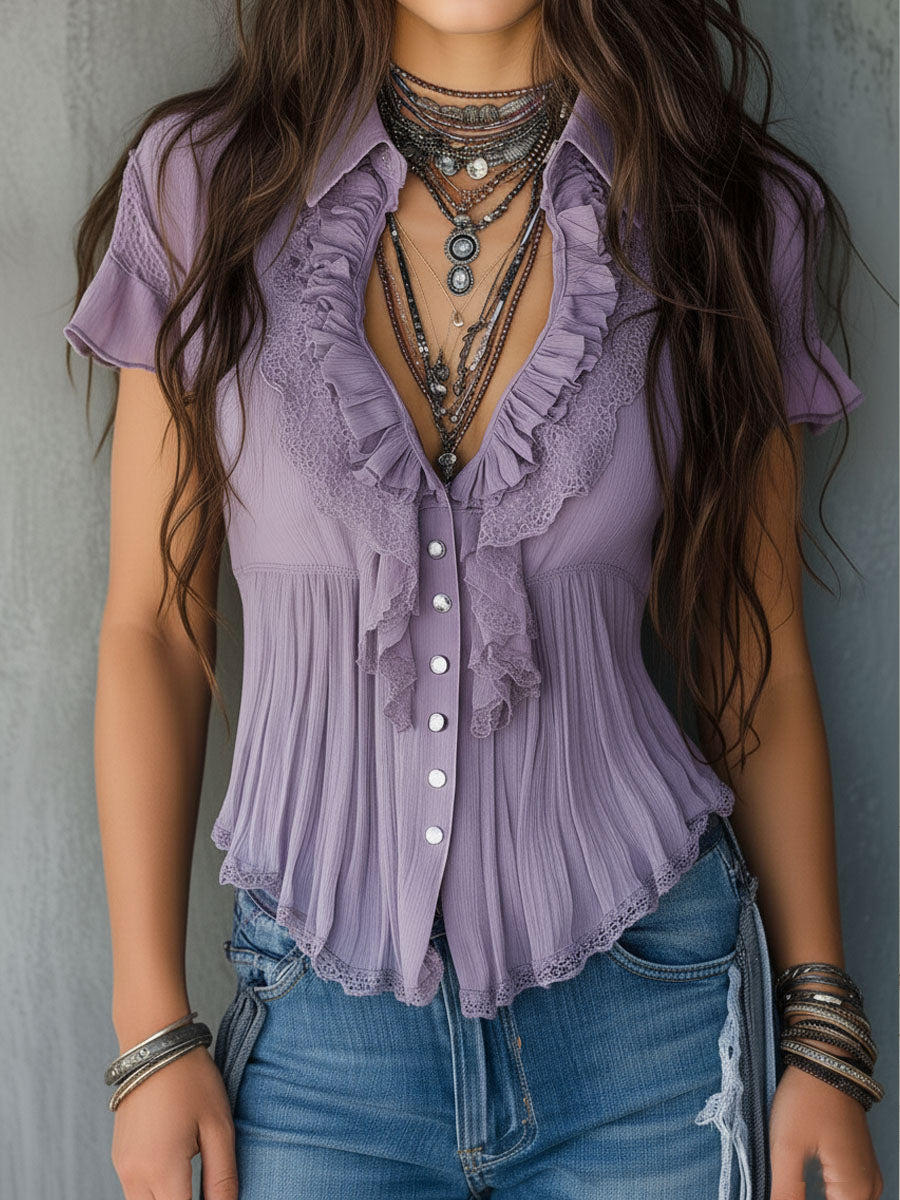 Willa London™ | Lavender Lace Ruffle Blouse