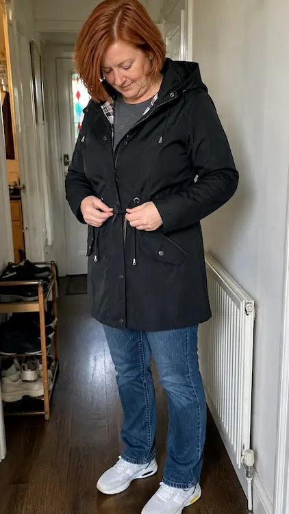 London Drawstring Parka – customer hallway try-on