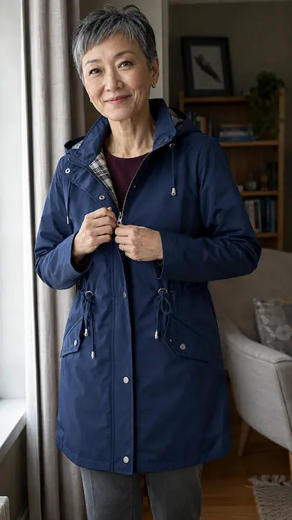 London Drawstring Parka – customer ready by window