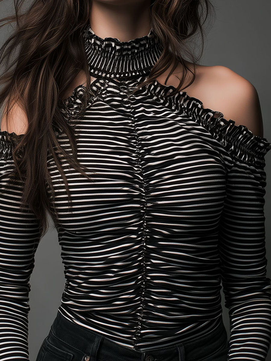Willa London™ | Striped Elegance Cold-Shoulder Top