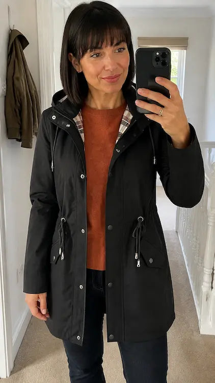 London Drawstring Parka – customer landing outfit
