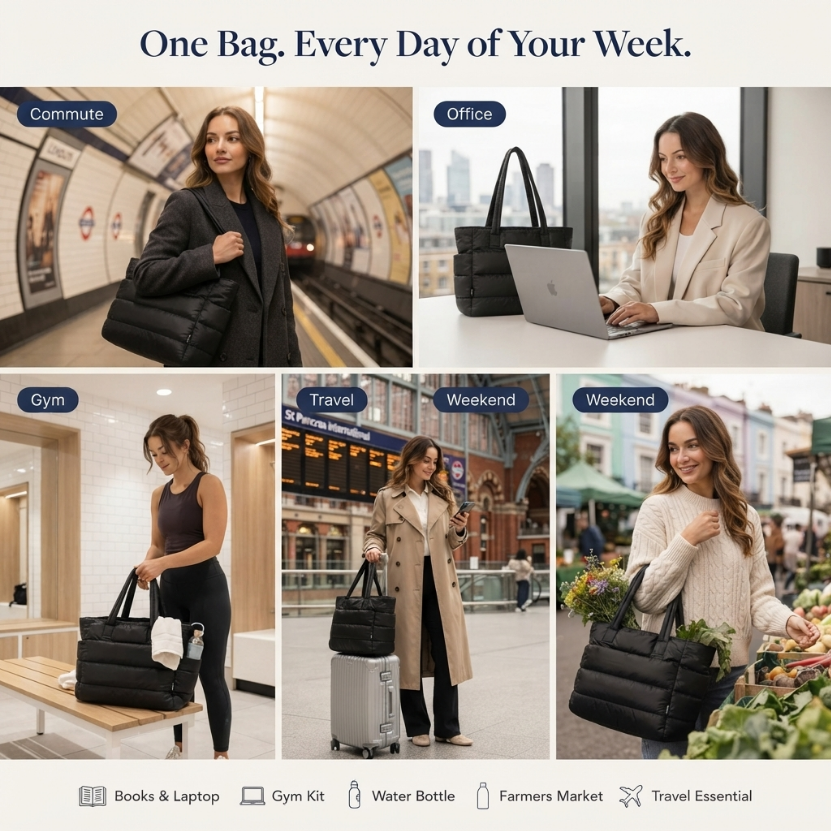 The Notting Hill Tote styled for a London commute with laptop and essentials - Willa London