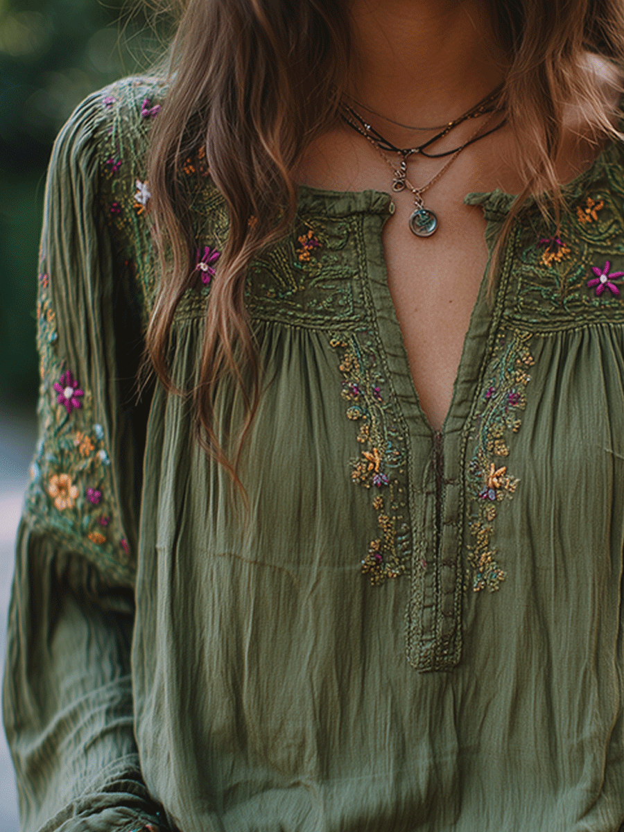Willa London™ | Olive Blossom Embroidered Shirt