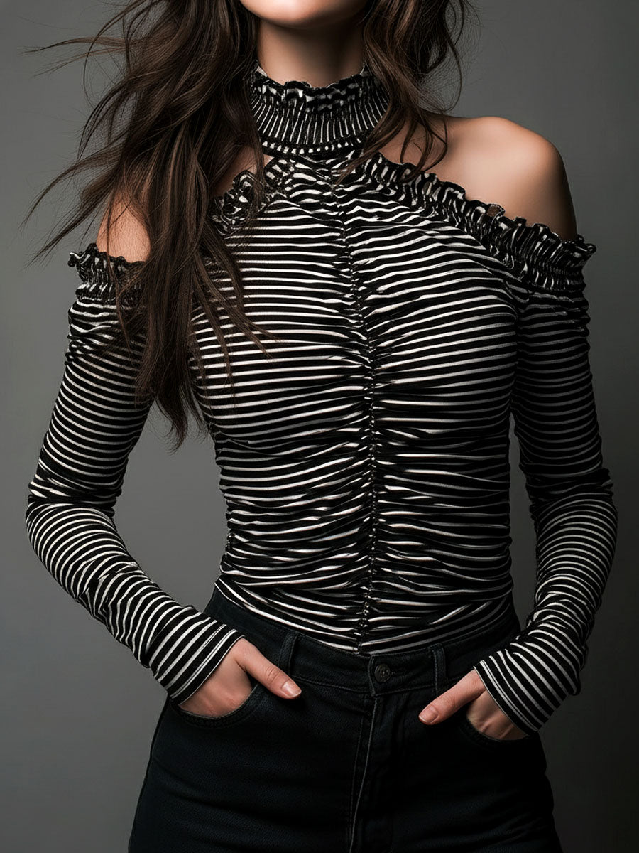 Willa London™ | Striped Elegance Cold-Shoulder Top