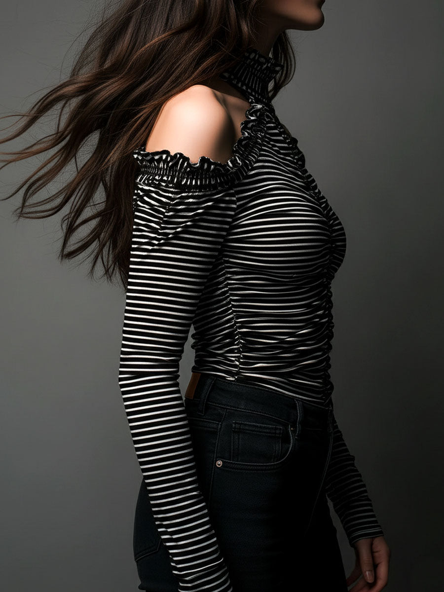 Willa London™ | Striped Elegance Cold-Shoulder Top