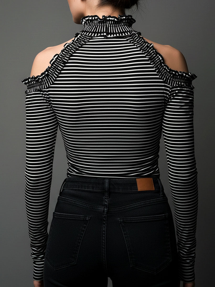 Willa London™ | Striped Elegance Cold-Shoulder Top