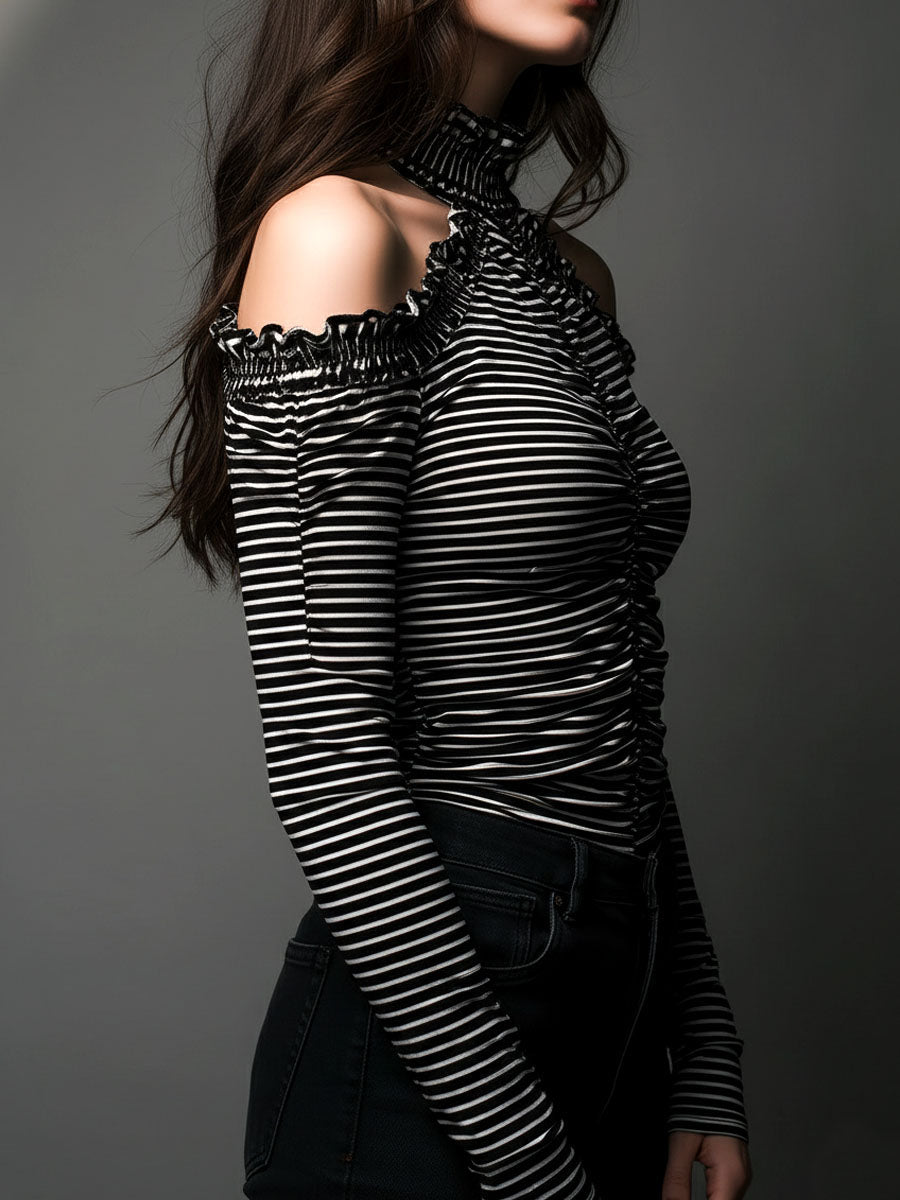 Willa London™ | Striped Elegance Cold-Shoulder Top