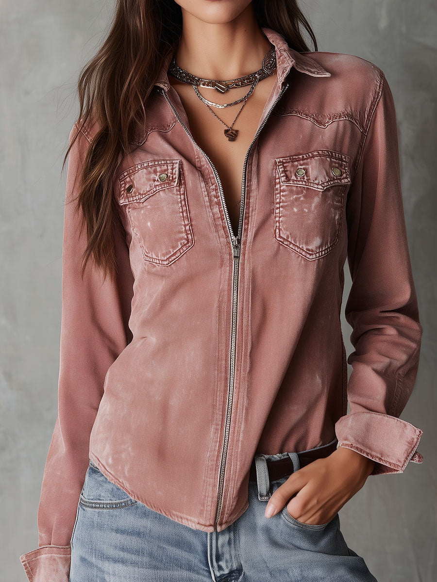 Willa London™ | Dusty Rose Denim Zip Shirt