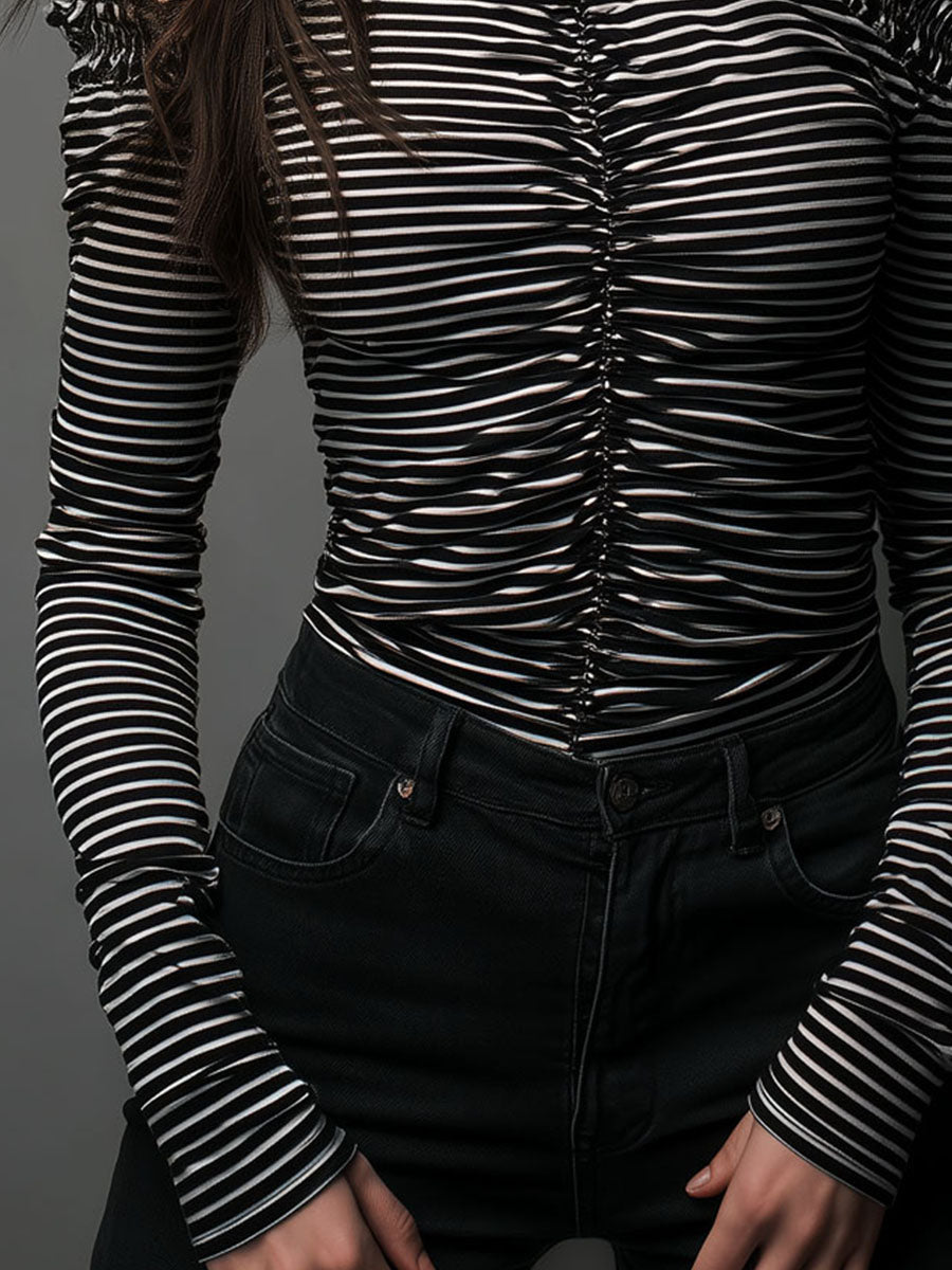 Willa London™ | Striped Elegance Cold-Shoulder Top