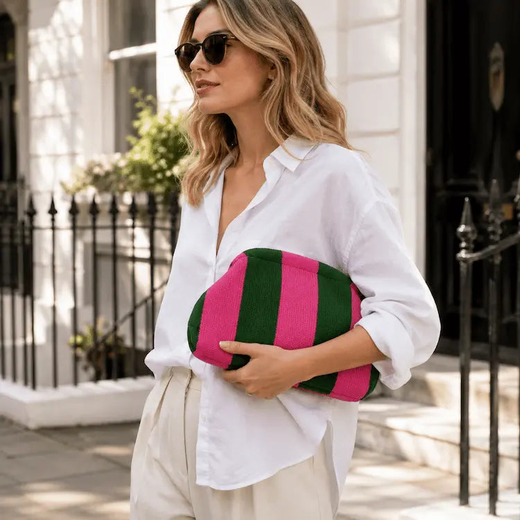 Portofino Knit Clutch — side profile showing soft knit texture