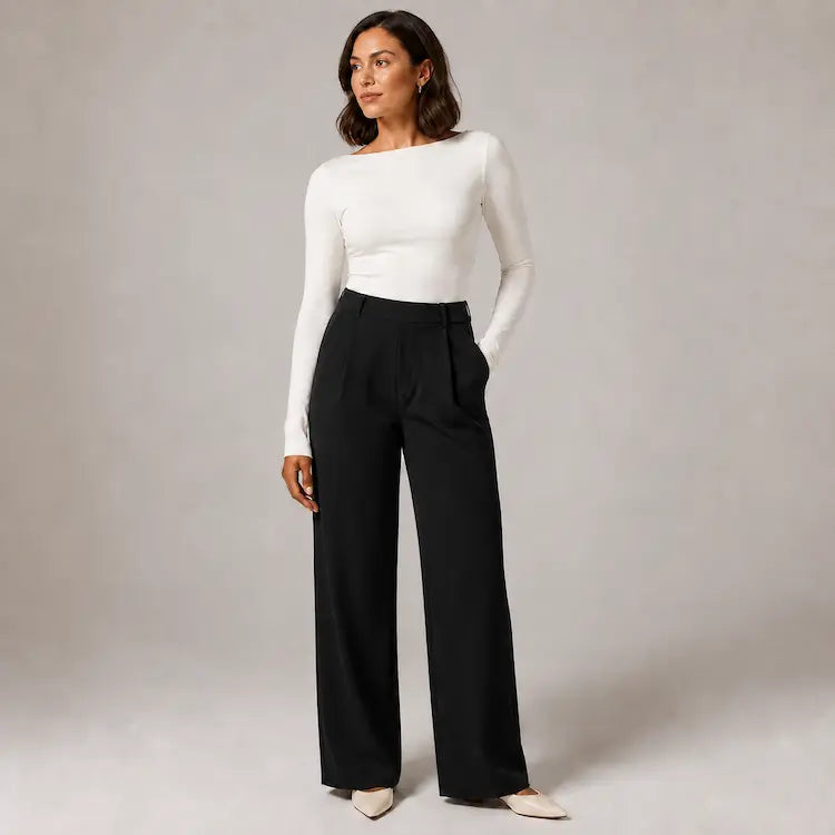 Willa London wide-leg trousers in black, front view on model