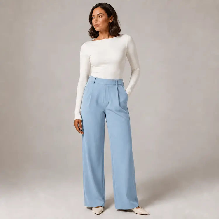 Willa London wide-leg trousers in sky blue, front view on model