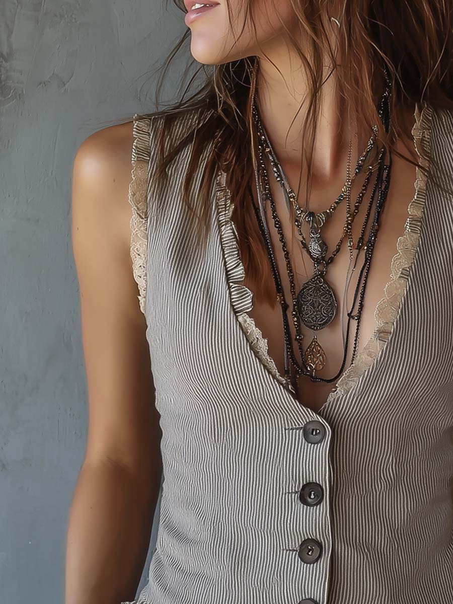 Willa London™ | Lace Elegance Striped Vest