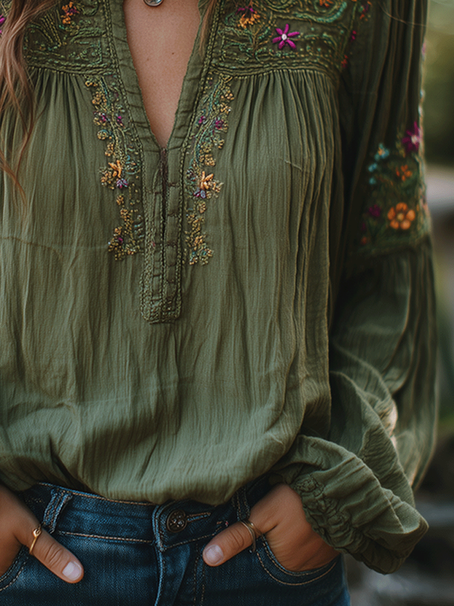 Willa London™ | Olive Blossom Embroidered Shirt