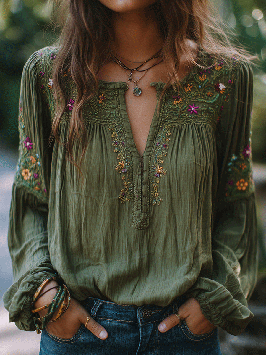 Willa London™ | Olive Blossom Embroidered Shirt