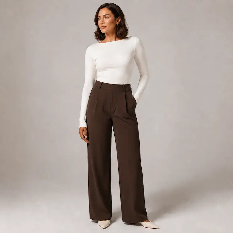 Willa London wide-leg trousers in brown, front view on model