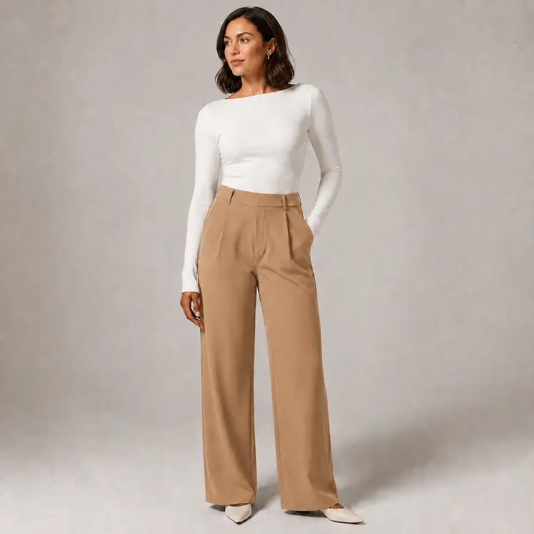 Willa London wide-leg trousers in camel, front view on model