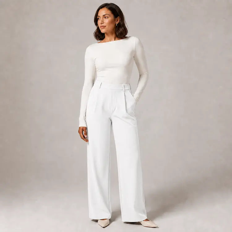 Willa London wide-leg trousers in cream white, front view on model