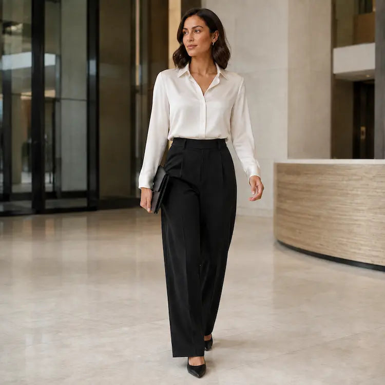Lifestyle: black trousers styled with a silk blouse for the office