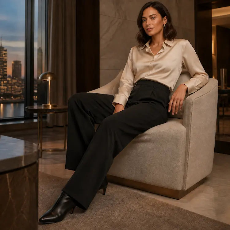 Lifestyle: black wide-leg trousers styled with a satin shirt in the evening