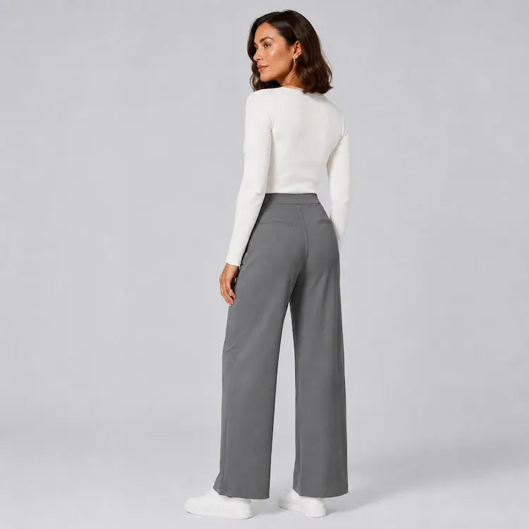 Dark grey wide-leg trousers, back full-length view showing silhouette