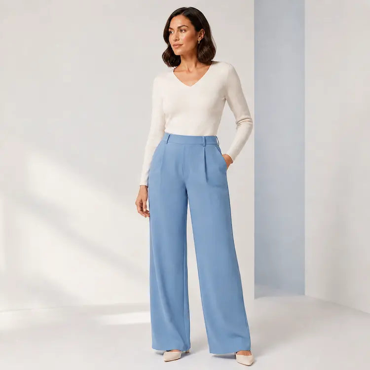 Willa London sky blue wide-leg trousers styled with a cream knit