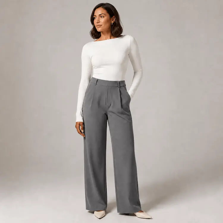 Willa London high-waisted wide-leg trousers in dark grey, front view on model