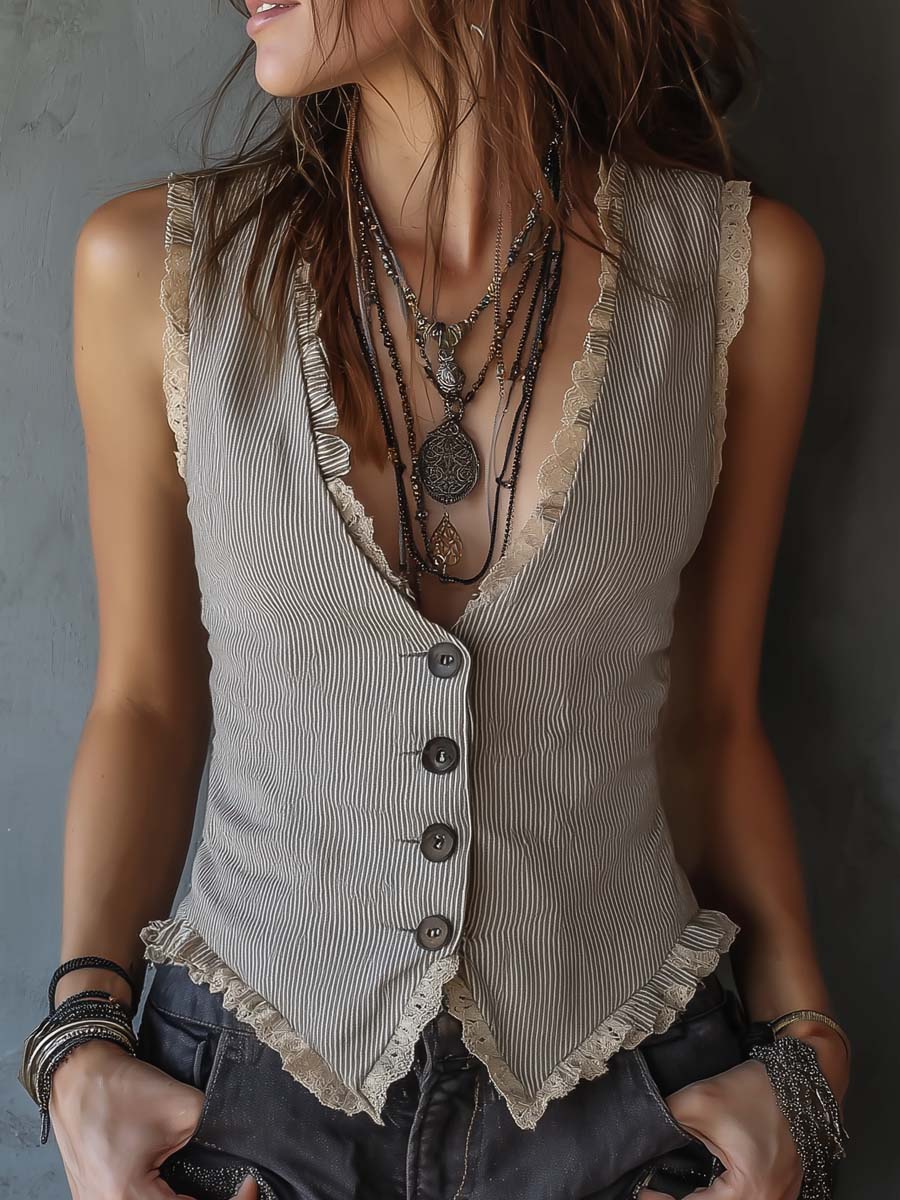 Willa London™ | Lace Elegance Striped Vest